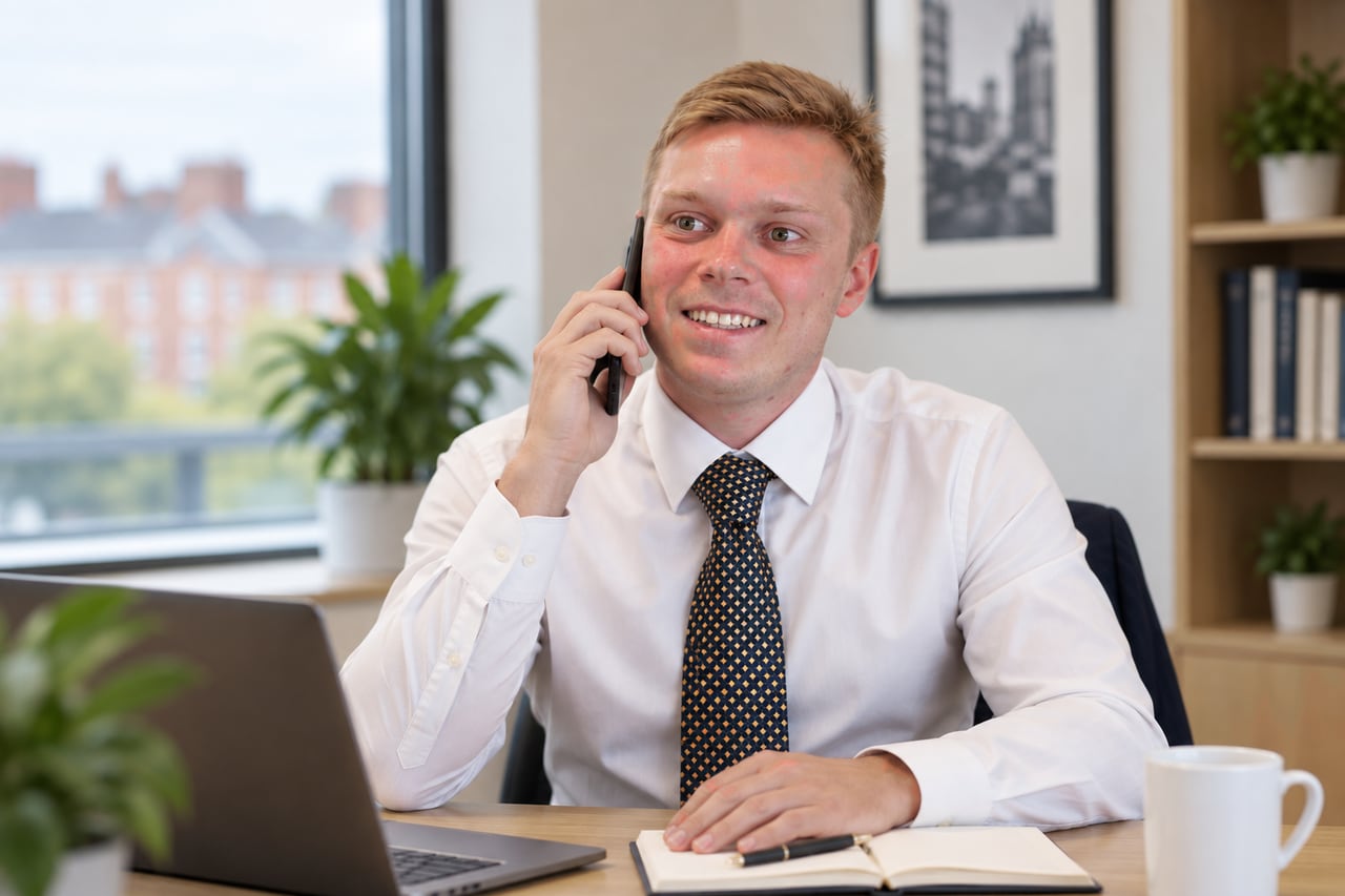 George Isaacs, Director of Isaacs and Co, at his desk on the telephone